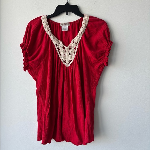 l.a. movers Tops - VTG LA Movers Top Red Crochet Short Sleeve Gauze Cotton Women M Boho Cottagecore